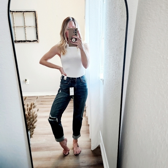 Judy Blue High Rise Patched Knee Slim Straight Cuffed Boyfriend Fit Jeans 24 - Picture 3 of 17